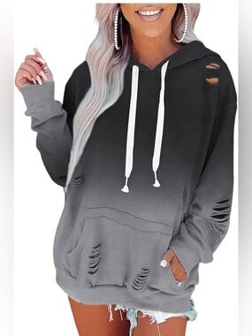 Women's Ombre Distressed Hoodie Sweatshirt - Gray